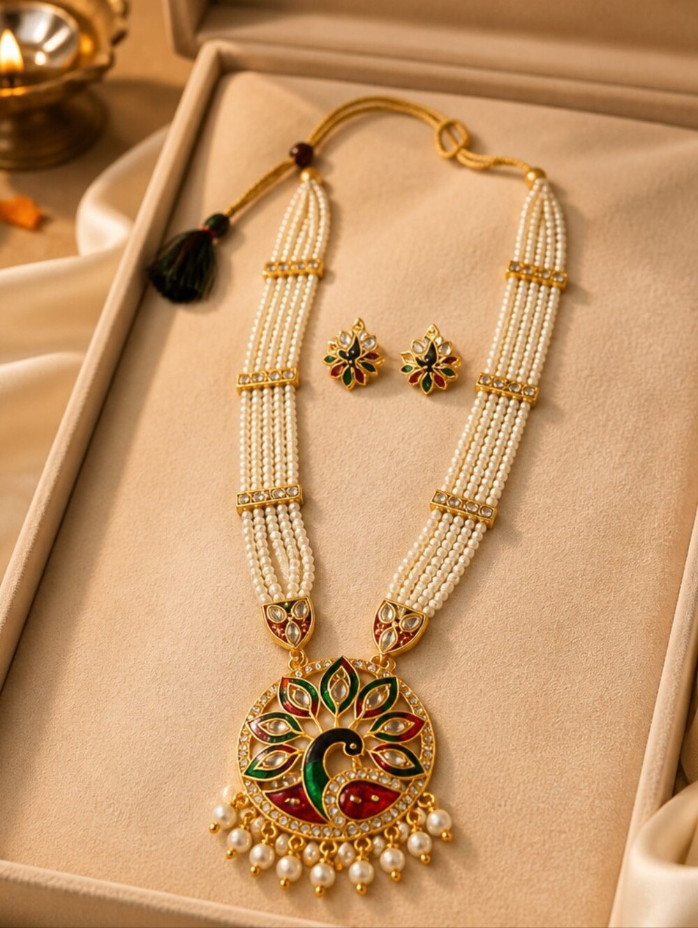 Multi-String Pearl Necklace Set with Green & Red Pheasant Pendant And Earings